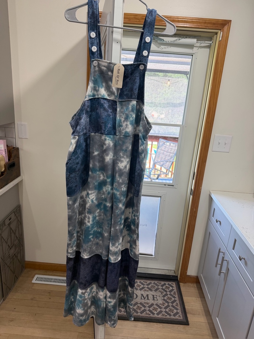 Yak & Yeti tie -Dye Patchwork Maxi Overalls in Teal and Navy - Picture 2 of 5